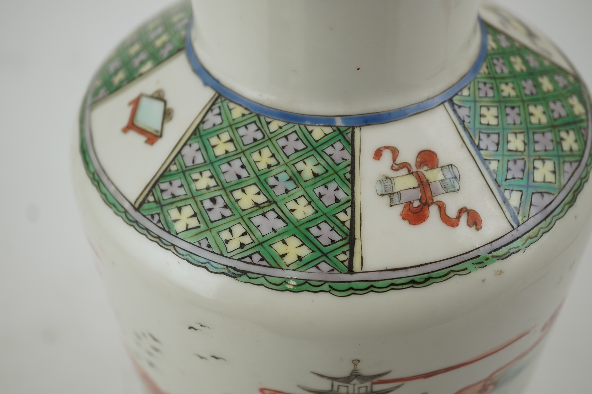 A Chinese famille rose rouleau vase, Kangxi mark, c.1900